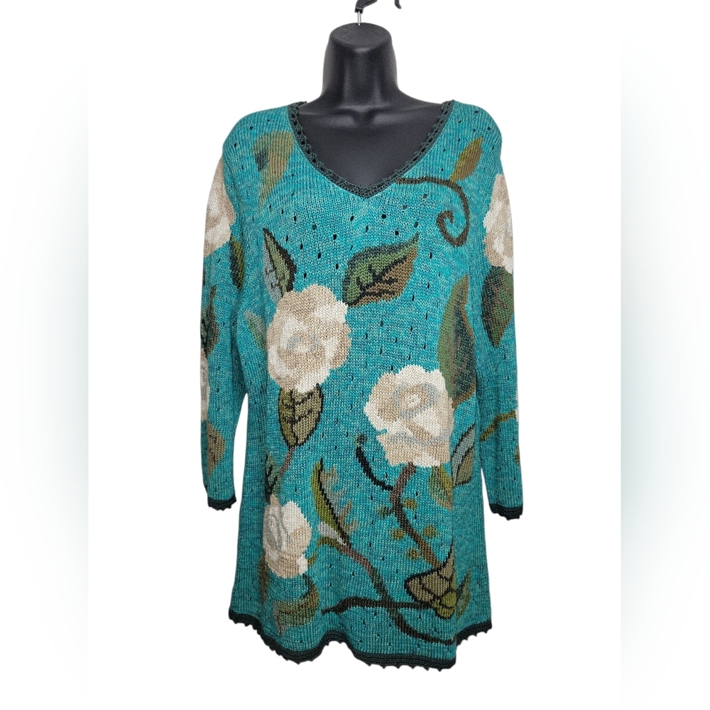 Peruvian Connection 100% Pima Cotton Teal Floral Intarsia Knit Tunic - XL